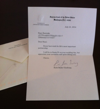 Illustration for article titled Ruth Bader Ginsburg Delightfully Responds to Admirer's Wedding Invite